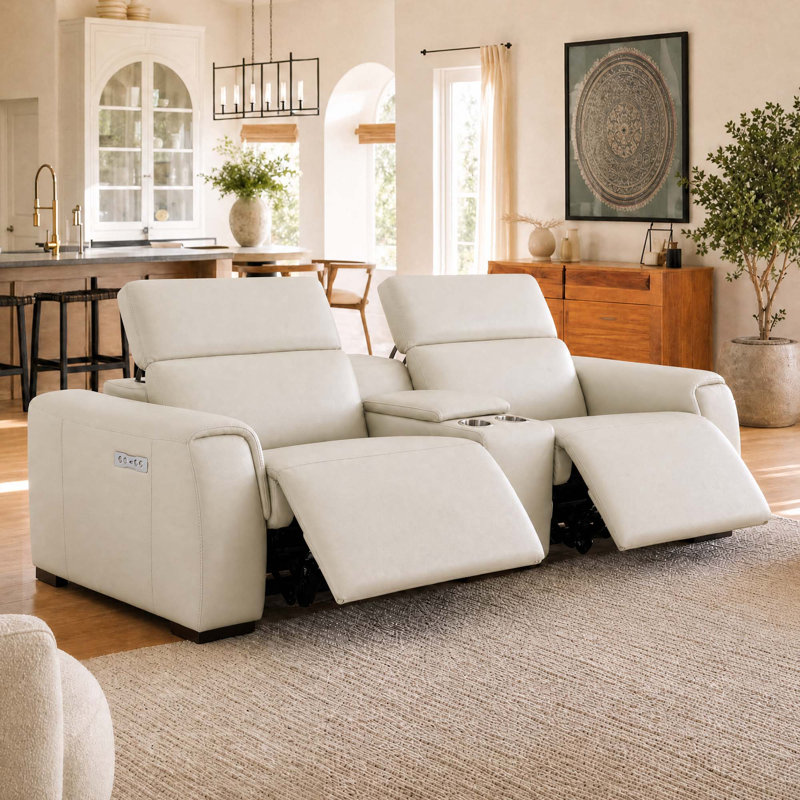 Canapé modulaire inclinable électrique en cuir véritable 93,9 po Thea, Ivory