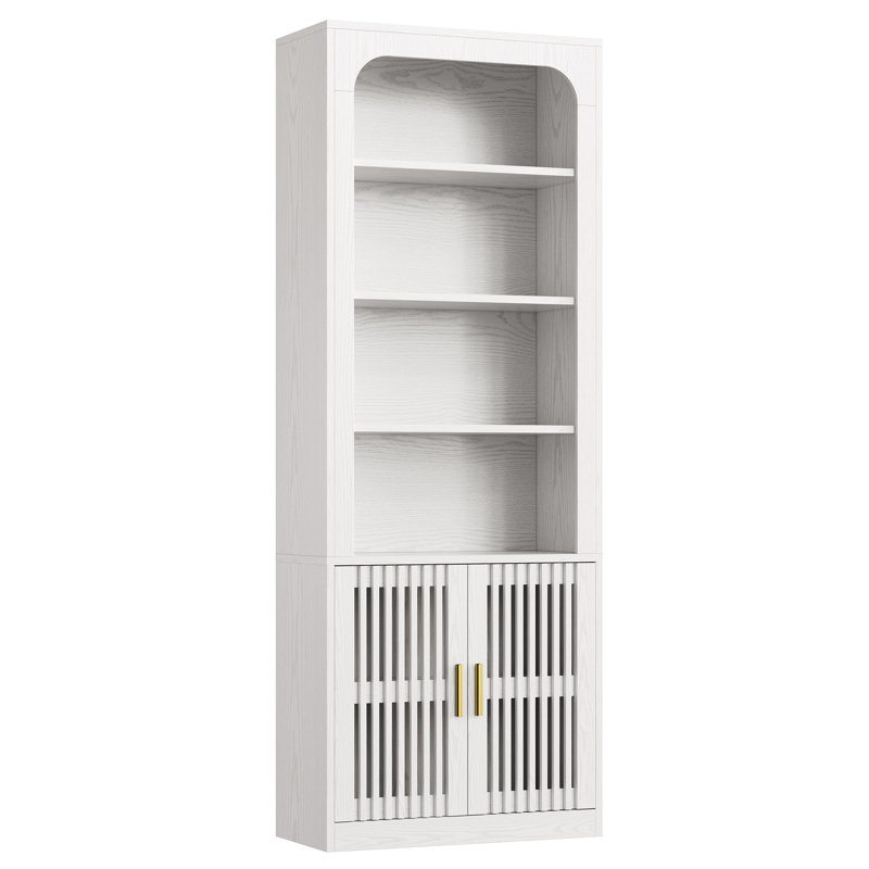 Batelion 68"H x 23.6"W Mid Century Modern 6-Tier Storage Bookshelf, White Bookcase with Door Cabinets, White
