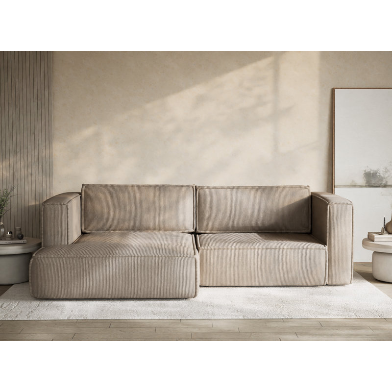 Four-Seater Corner Sofa With Bed Function, Left Hand Facing, Beige Polyester/Velvet