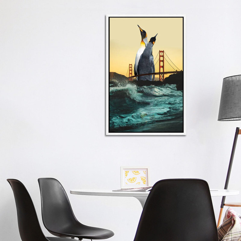 Golden Penguins by David Loblaw - Print on Canvas, 101.6 cm H x 66.04 cm W, White Framed