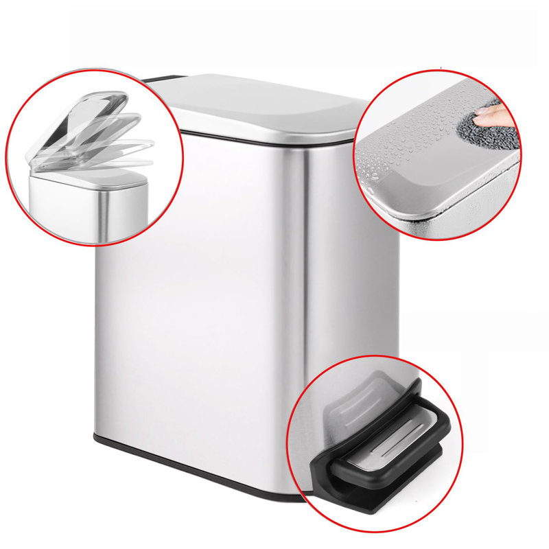 Slim Silver Stainless Steel Soft Close Trash Can with Pedal, 6 Liter