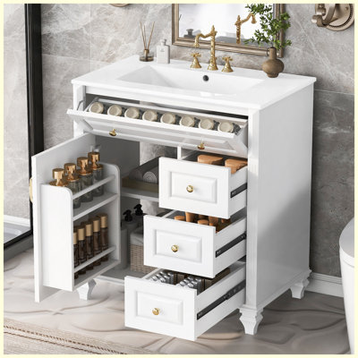 Meuble-lavabo de salle de bain autoportant en céramique en bois massif de 30 po avec rangement à fermeture en douceur
