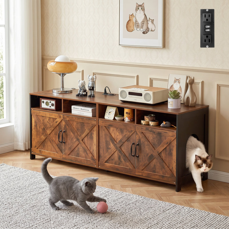63"W Cat Litter Box Enclosure with Power Outlet, Large Double Hidden Litter Box Furniture for 2 Cats, Farmhouse Style Litter Box Cabinet TV Stand, Brown