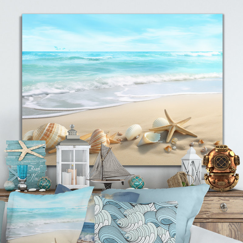 Étoile de mer et coquillages III - Décoration murale moderne plage en métal, H 24 po x l 32 po x P 1 po