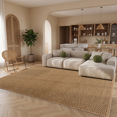 Tapis berbère bouclé à poils ras, neutre, antidérapant et lavable, couleur beige/brun