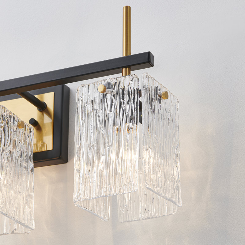 Meuble-lavabo à 3 lumières à intensité variable noir clair et or brossé avec abat-jour en verre texturé