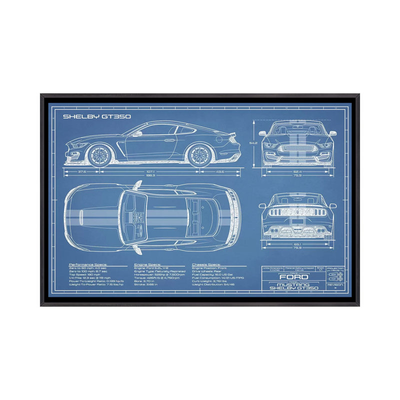 GT350 Shelby (2015-2019) Blueprint-impression de dessin, Pas de tapis, H 40 po x l 60 po x P 1,5 po