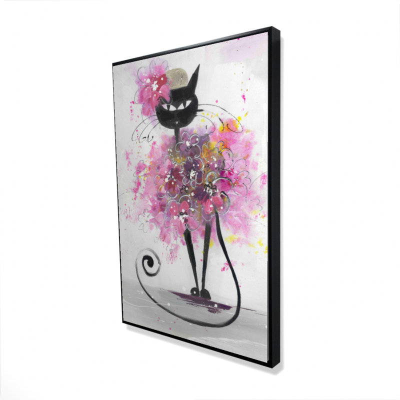 Dessin de chat avec fleurs roses, reproduction sur toile