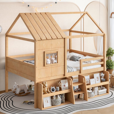 Loft Bed with Storage Shelves And Stairs, House Loft Bed with Playhouse Shape Roof and Window, Childlike and No Box Spring Needed Design