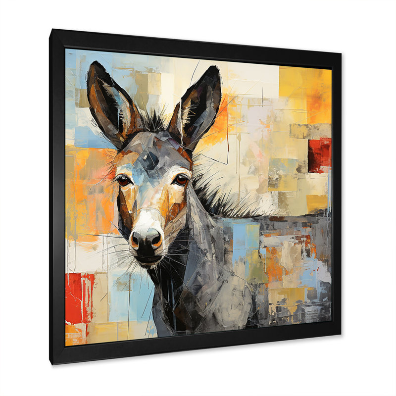 Patchwork Donkey Pastures II - âne, art mural, H 36 po x l 36 po x P 1,5 po, Cadre simple noir