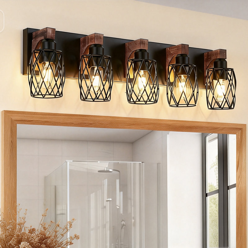 Applique murale de style industriel avec 5 lumières en bois et cage en bois pour salle de bain 31 po (ampoule non incluse)