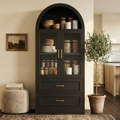 Tall Arched Accent Cabinet with Glass Doors 2 Drawers Modern Storage Cabinet