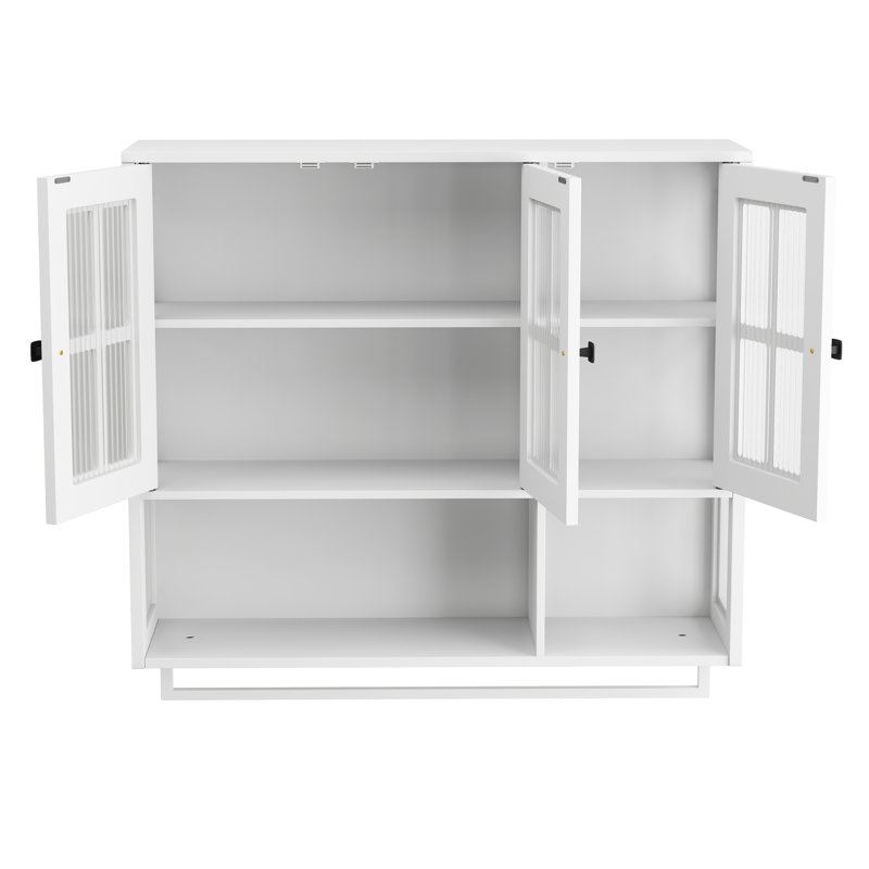 Armoire murale à 3 portes, porte en verre blanc, barre à serviettes, design moderne, verre trempé, style maison facile à assembler,