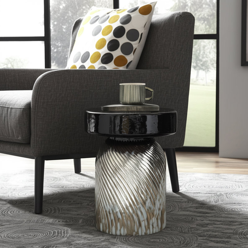Round Side Table with Contemporary Glass Base - Narrow End Table for Living Room or Bedroom - Modern Accent Furniture with Bold Two-Tone Design - 20", Black and White