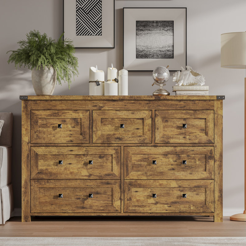 Commode double 7 tiroirs, commode en bois l 47,3 po de largeur pour chambre à coucher, Bois / noir