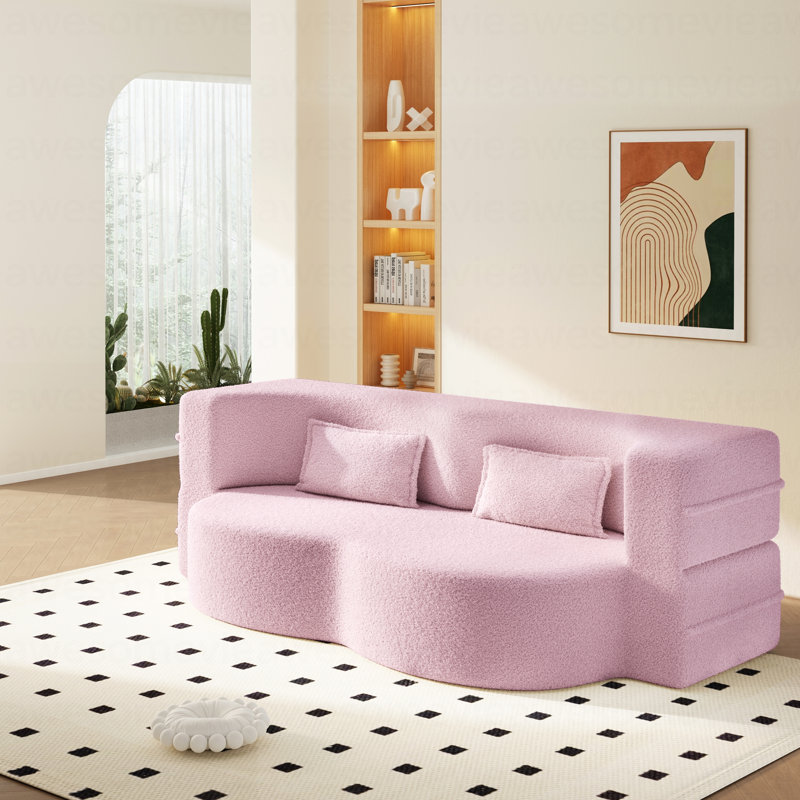 Canapé-lit moderne avec 2 coussins, canapé-lit convertible en tissu rembourré de mousse, matelas pliant pour lit simple de 15 po pour le salon, lit d'invité, salle de jeux, sans assemblage requis, rose