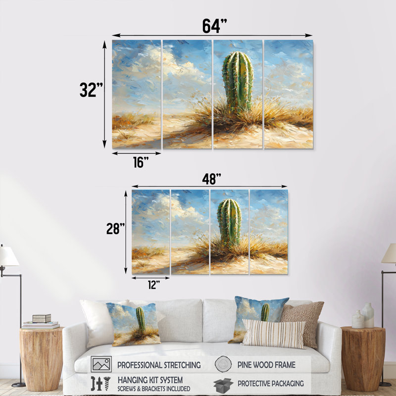 Minimalisme Cactus par les dunes II - Art mural floral cactus - Art mural traditionnel pour le salon, H 32 po x l 64 po