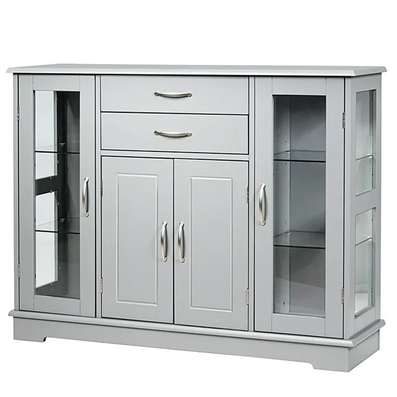 Sideboard Buffet Server Storage Cabinet with 2 Drawers and Glass Doors, Gray