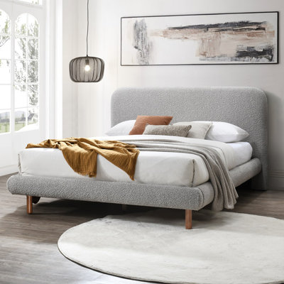Grey Boucle Queen Size Platform Bed