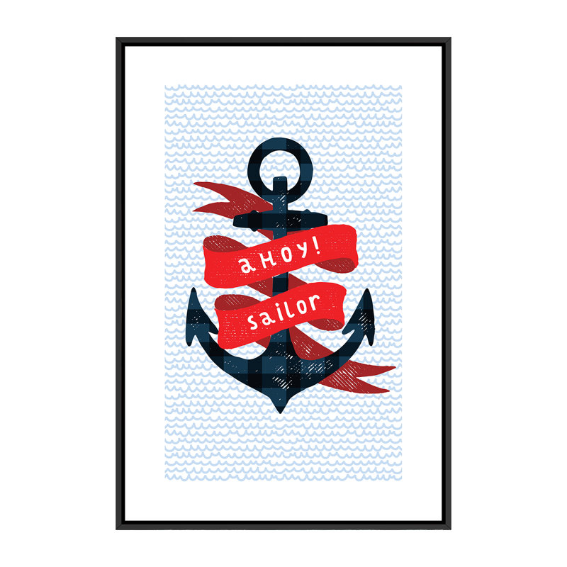 Nautical Anchor - impression d'art graphique, H 60 po x l 40po x P 1,5 po, Toile avec cadre noir, Pas de tapis
