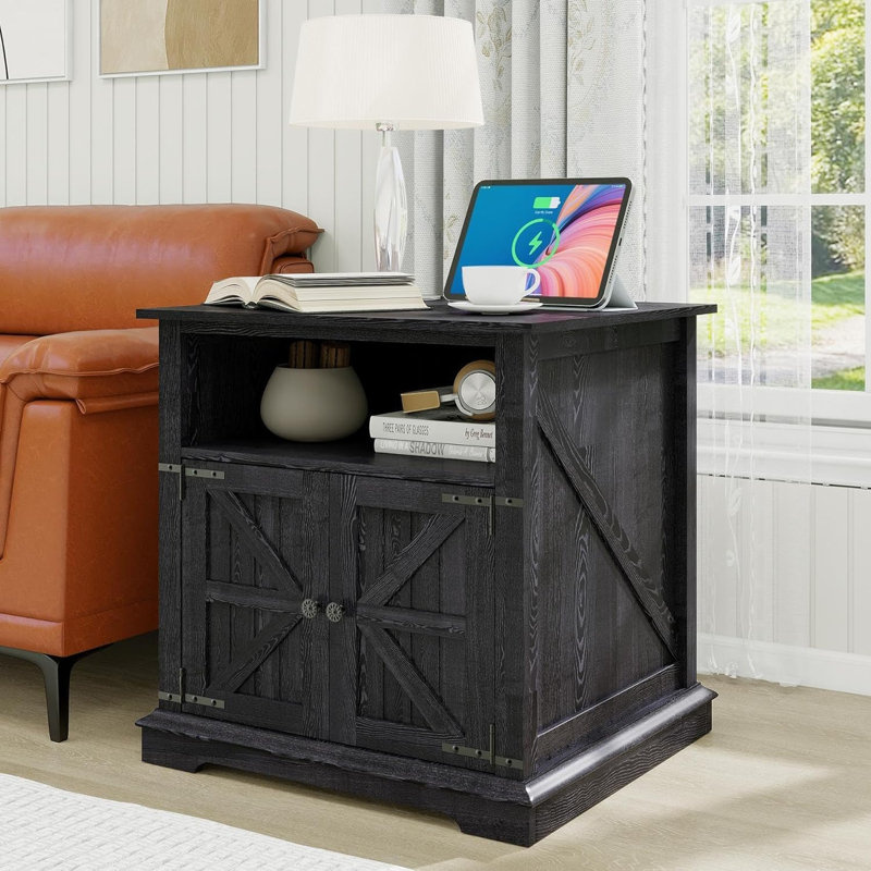 24" Modern Farmhouse Nightstand & End Table With 2-In-1 Built-In Charging Station & Double-Door Storage, Black, Individual