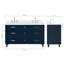 Meuble-lavabo double ARIEL Monrow 60 po en bois massif bleu nuit avec comptoir en quartz blanc de Carrare de 1,5 po et lavabo ovale centrale.-99405062-131238901-131238906