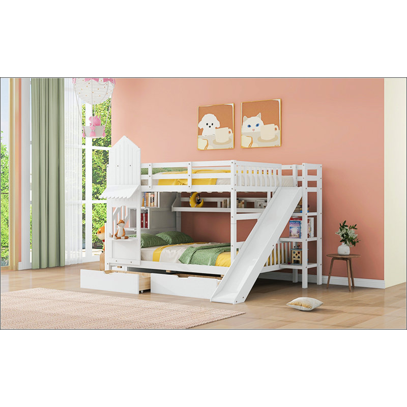 Lit superposé double de style château avec tiroirs, tablettes et glissoire pour chambre d'enfant, Full, White