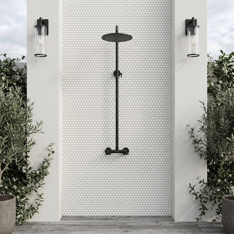 Système de douche mural en laiton à hauteur réglable de 47,2" à 63" pour intérieur/extérieur, avec pommeau de douche rond effet pluie de 10" et double poignée en croix.