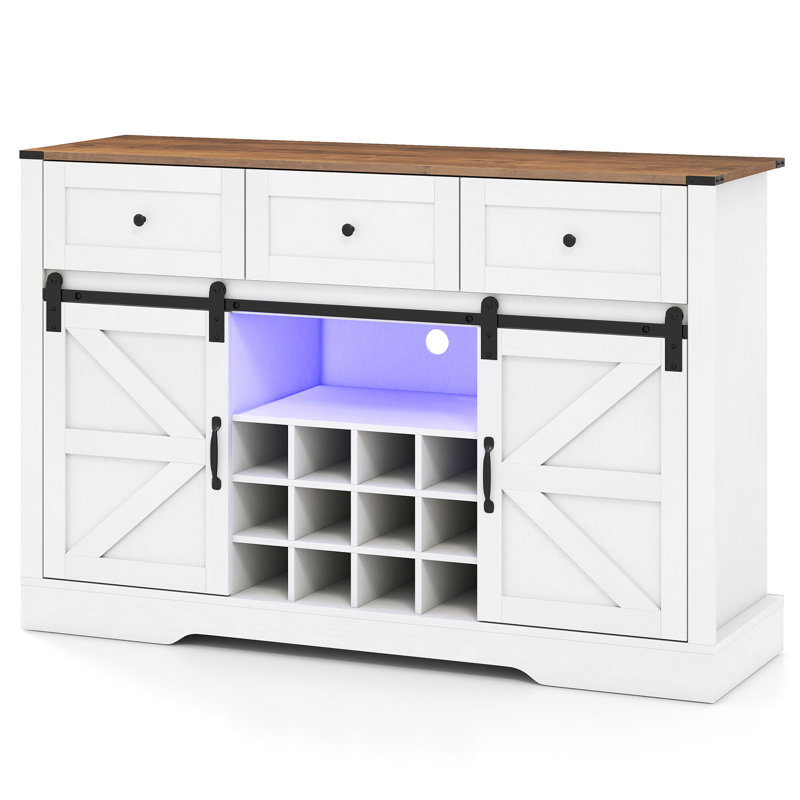 Wine Bar Cabinet w/LED Lights  Doors Coffee Station w/ Adjustable Shelves Racks, White