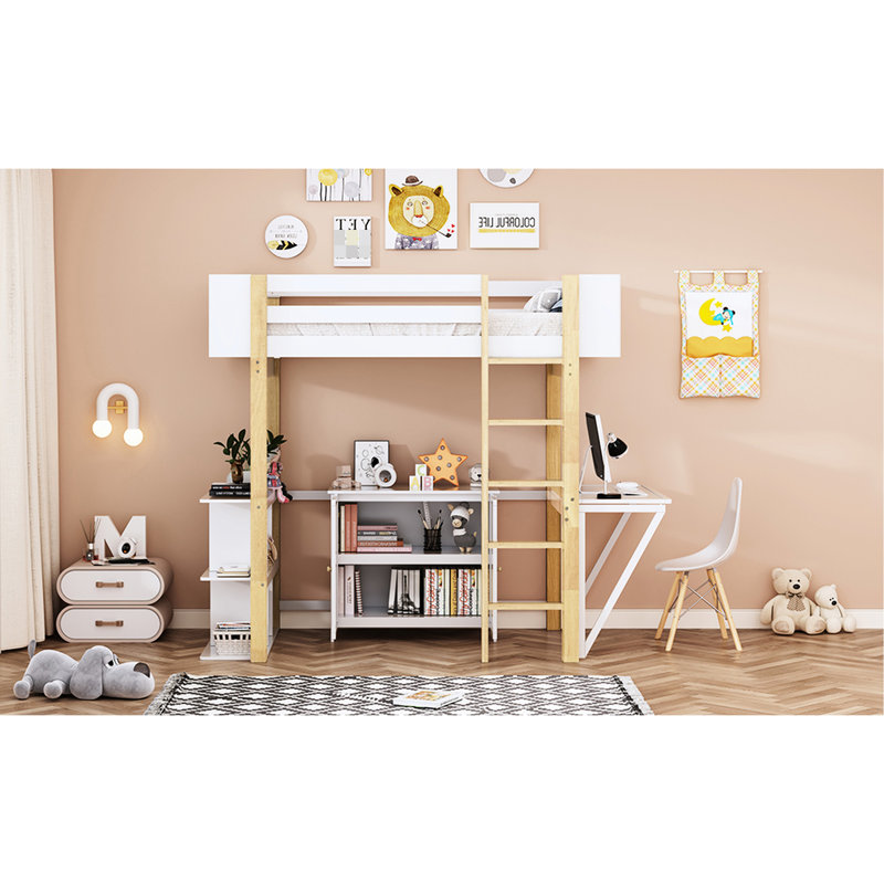 Lit mezzanine simple avec rangement intégré et bureau d'étude pliable pour la chambre à coucher, Blanc