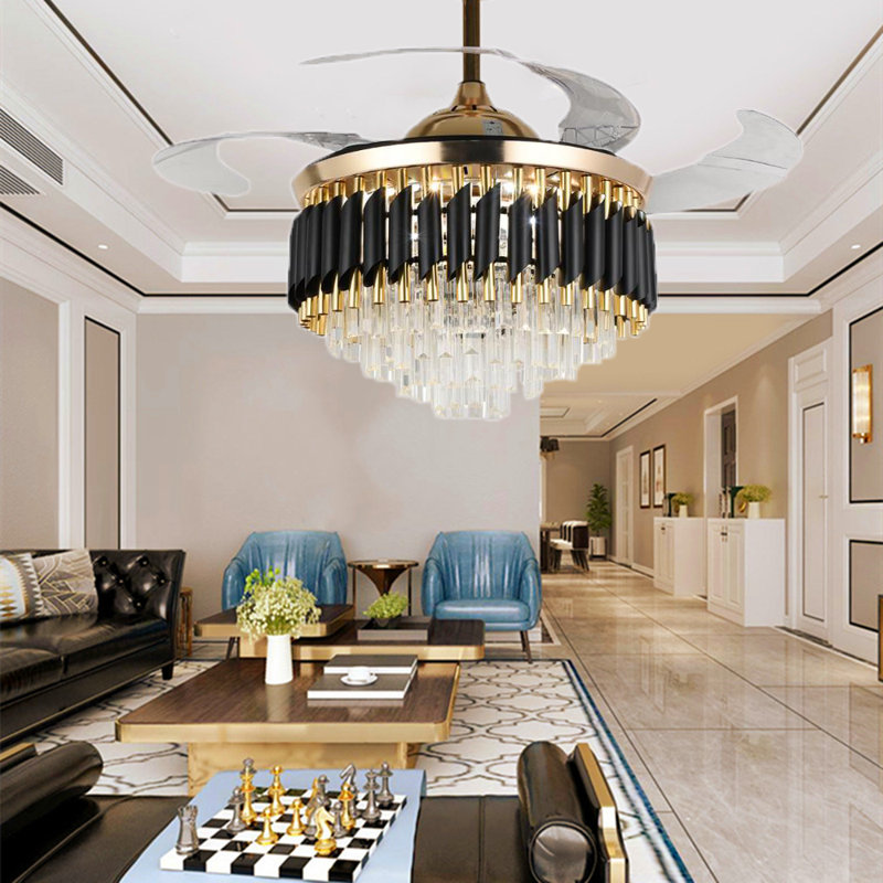 Ventilateur de plafond 42 po à 4 pales en cristal doré avec lumière DEL pour l'intérieur