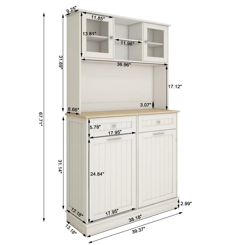 Tall  Storage Cabinet With 3 Adjustable Shelves, 2 Drawers And 1 Tilt Out Trash Cabinet