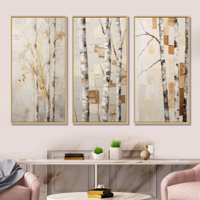 Beige Minimalism Tree Birch - Tree Birch Canvas Art Print Set Of 3