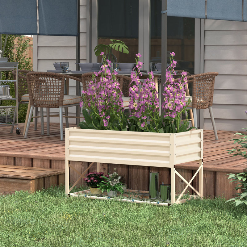 Lit de jardin surélevé avec structure en acier galvanisé, tablette de rangement et doublure de lit, jardinière surélevée avec pieds pour légumes, fleurs, herbes, crème