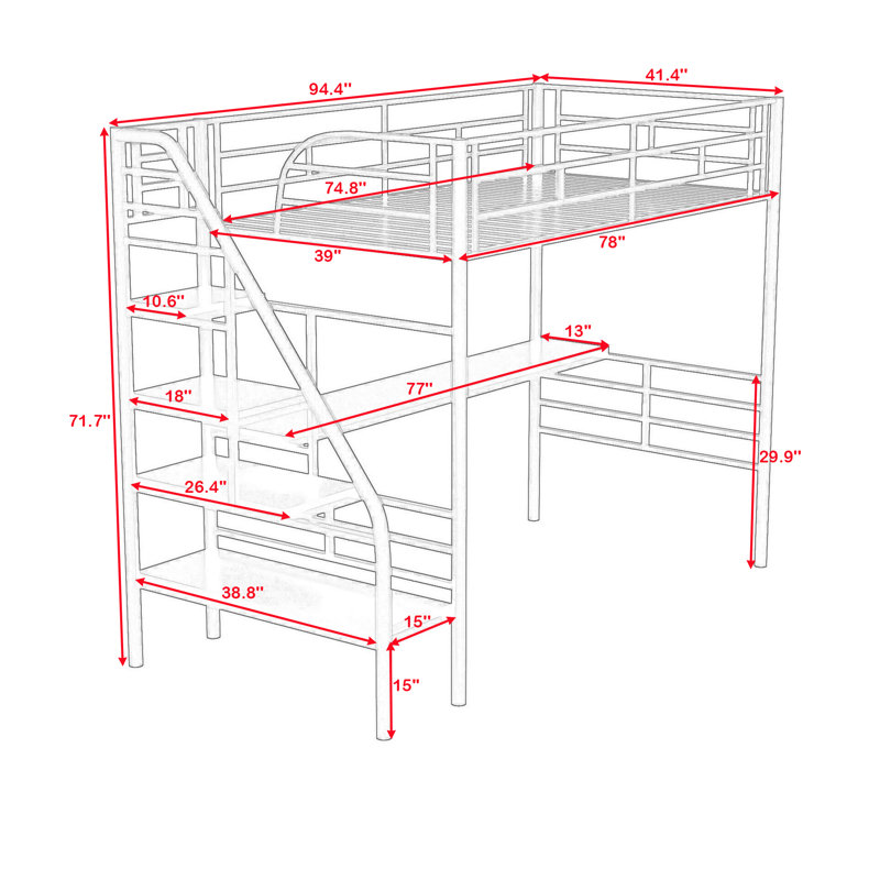 Twin Size Metal Loft Bed With Built-In-Desk