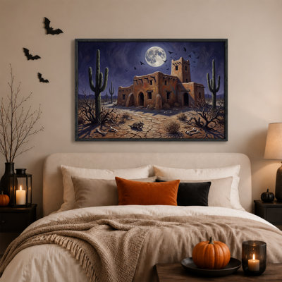 "Adobe" sous la pleine lune avec des cactus de Saguaro, art mural d'Halloween