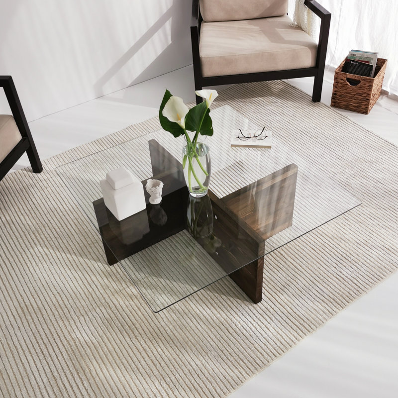 Modern Coffee Table with 100% Tempered Glass, Walnut Finish, 35.4 x 13.8 x 35.4 inches | 6 mm Glass Thickness & 100% Pine Solid Wood Frame | Elegant Design, Perfect for Living Room or Lounge Area