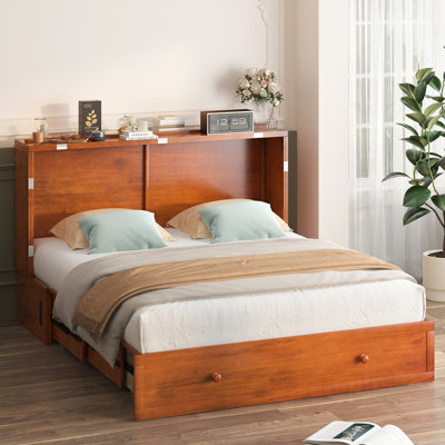 Lit armoire escamotable en bois massif, grand lit escamotable avec station de charge USB intégrée et tiroirs de rangement spacieux, lit plateforme double pliable pour la vie