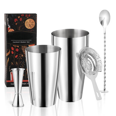 Boston Cocktail Shaker Set, 4-Piece Bar Tools Set, Professional Bar Set With Boston Shaker, Bar Spoon, Jigger, Hawthorne Strainer, Stainless Steel, Dishwasher Safe, Ideal Bartender Kit For Bar