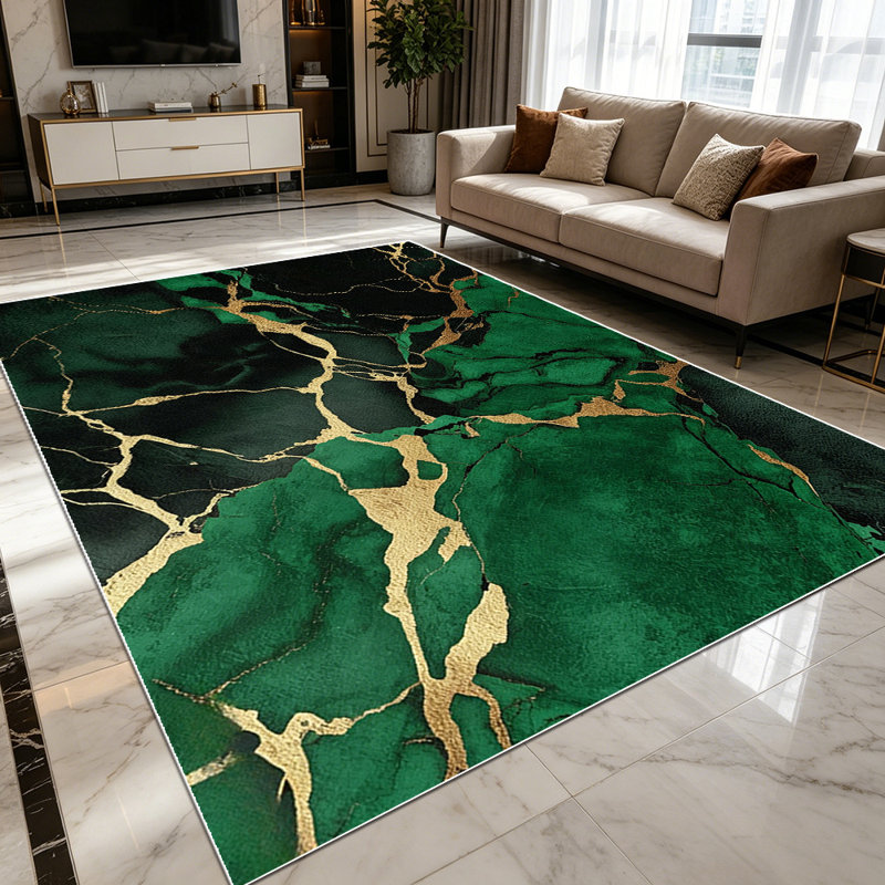 1PC Dark Emerald Green Gold Veined Marble area rugs for Living Room, Soft and Comfortable, Suitable for all seasons, easy-to-maintain, machine washable Indoor floor mat, Under Table Farmhouse suitable for dining room, bedroom, kitchen, entryway,