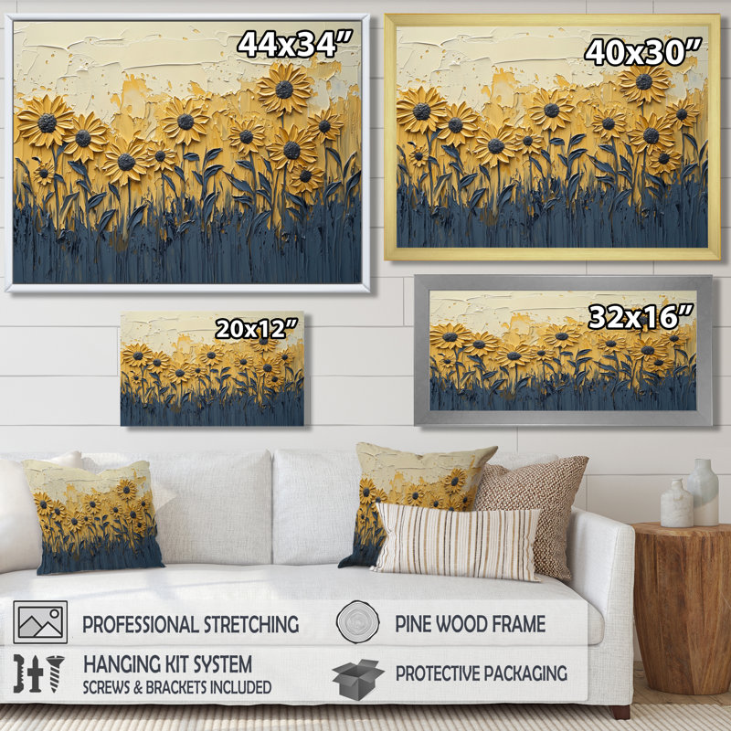 «Paint Effect On Golden Glow Sunflowers I» - art mural tournesols, H 12 po x l 20 po, Impression encadrée flottante