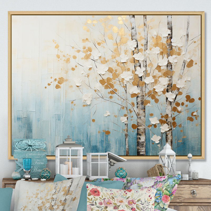 Minimalisme bleu et forêt dorée I - art mural forêt, H 34 po x l 44 po x P 1,5 po, Cadre naturel flottant