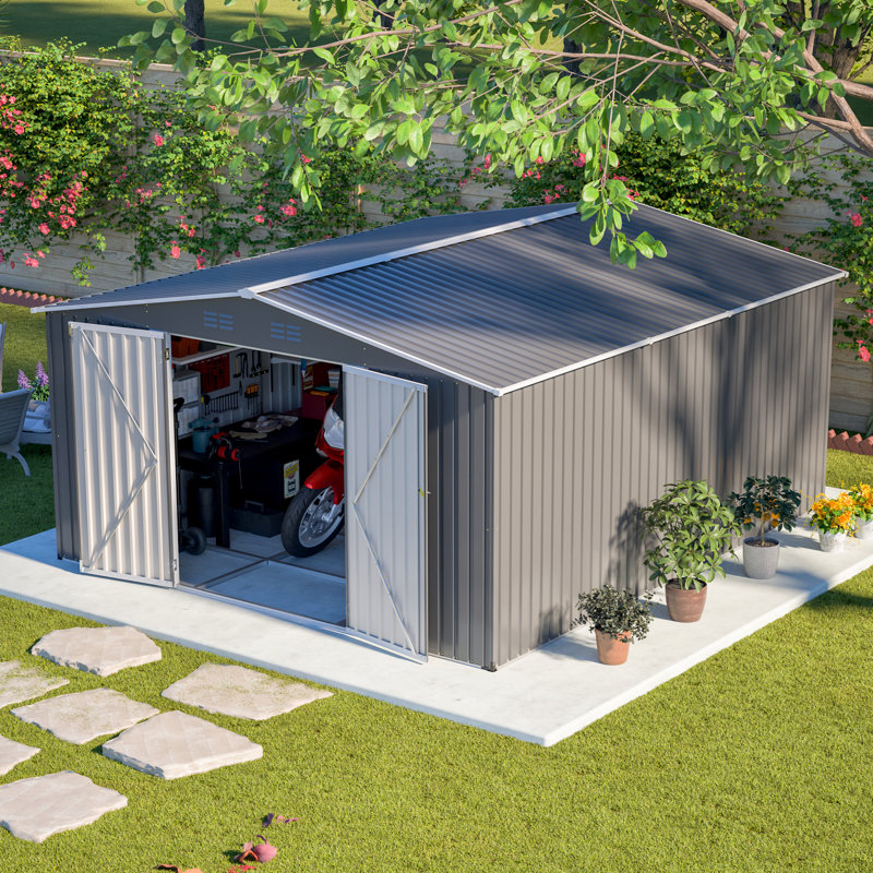 Remise de rangement extérieure en métal 12 po x 14 pi, grande remise à outils de jardin avec portes doubles verrouillables, bâtiment de jardin imperméable, patio