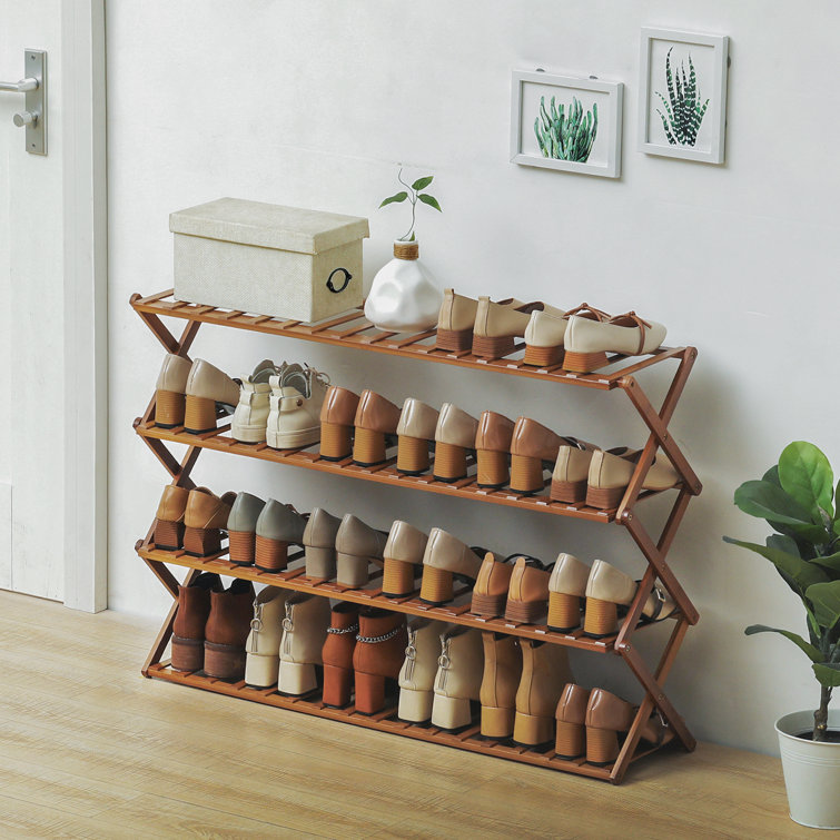 4 Tiers 24 Pairs Foldable Shoe Rack Installation-Free, Bamboo Shoes Shelf Storage for Living Room