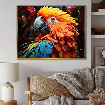 Jaune, perroquet rouge, plumage éclatant géométrique - animaux, impressions sur toile
