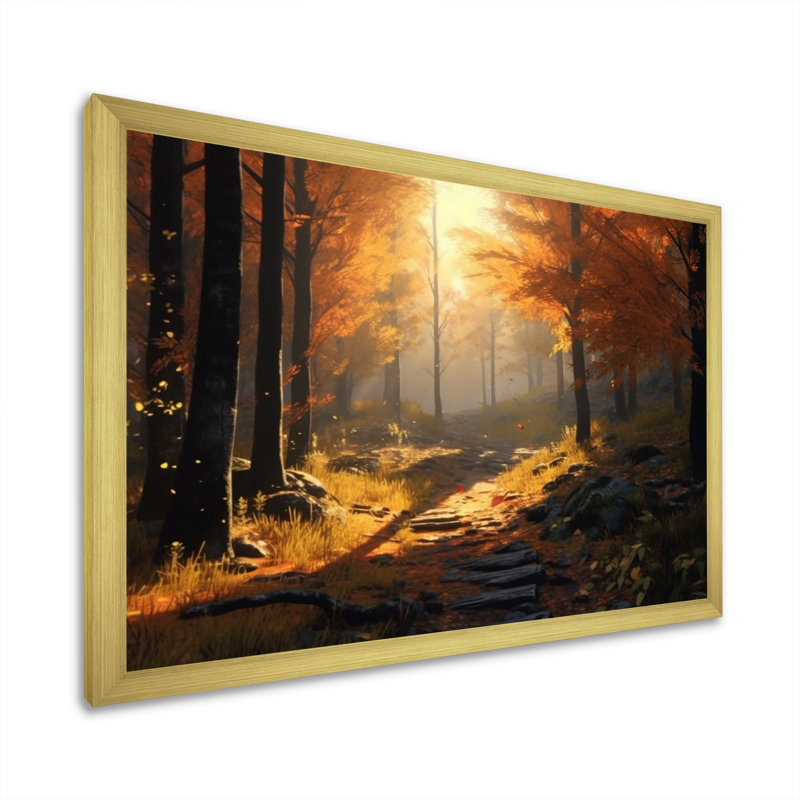 Forêt, sérénité, après-midi, lumière du soleil en automne sur toile, H 30 po x l 40 po x P 1,5 po, Encadrement doré