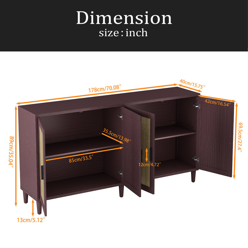 70" Rattan Buffet Cabinet With Storage, 4-Door Sideboard Buffet Cabinet With Adjustable Shelves For Kitchen, Living Room And Dining Room, Easy Assembly