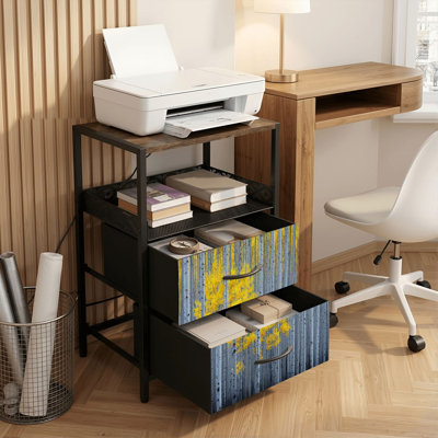 Table de chevet 2 tiroirs avec station de charge, table de chevet pour chambre à coucher avec ports USB, tablette ouverte noire, table de chevet avec de grands peupliers faux-trembles, des trembles dorés, impression