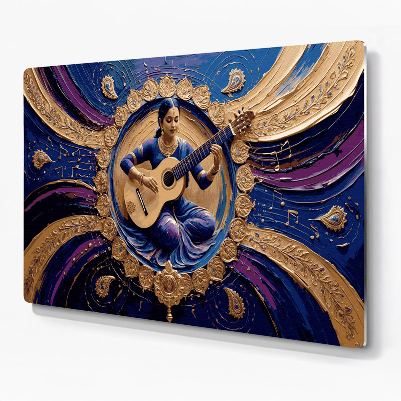 «Music Sitar», art mural en métal bleu, H 11 po x l 14 po
