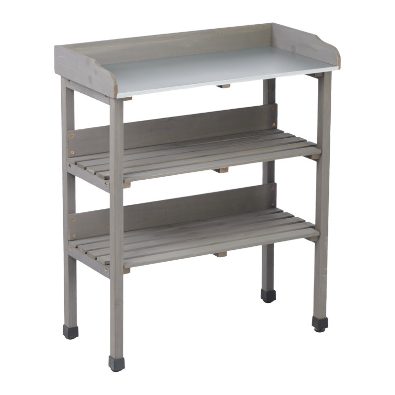 30.5 Inch Potting Bench Solid Wood, 3 Tier Metal Top Workstation With Hooks And Adjustable Feet For Garage